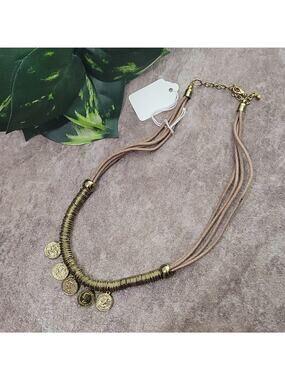 ZAD brown leather & gold toned coin necklace NEW